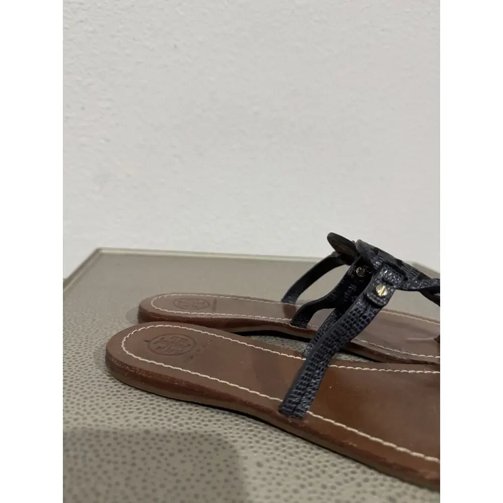 Tory Burch Women's Gabriel Veg Leather Flat Thong Perfect Blue Sz 7 M